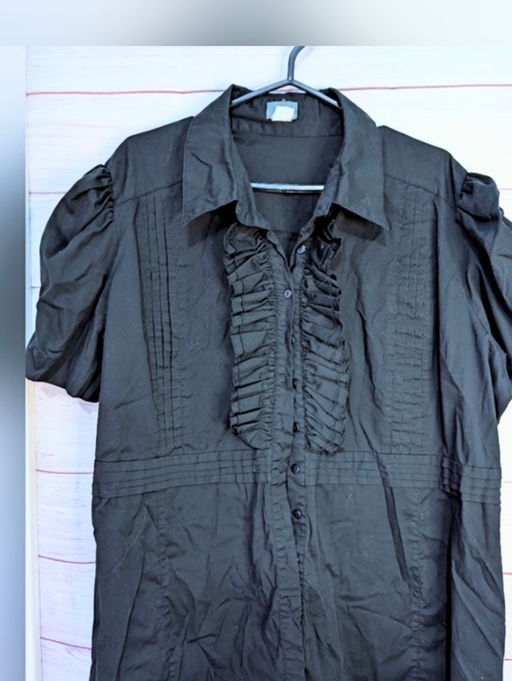 Euc Dots Ruffle Front Blouse With Cinched Rouched Puffy Sleeves Size Xl